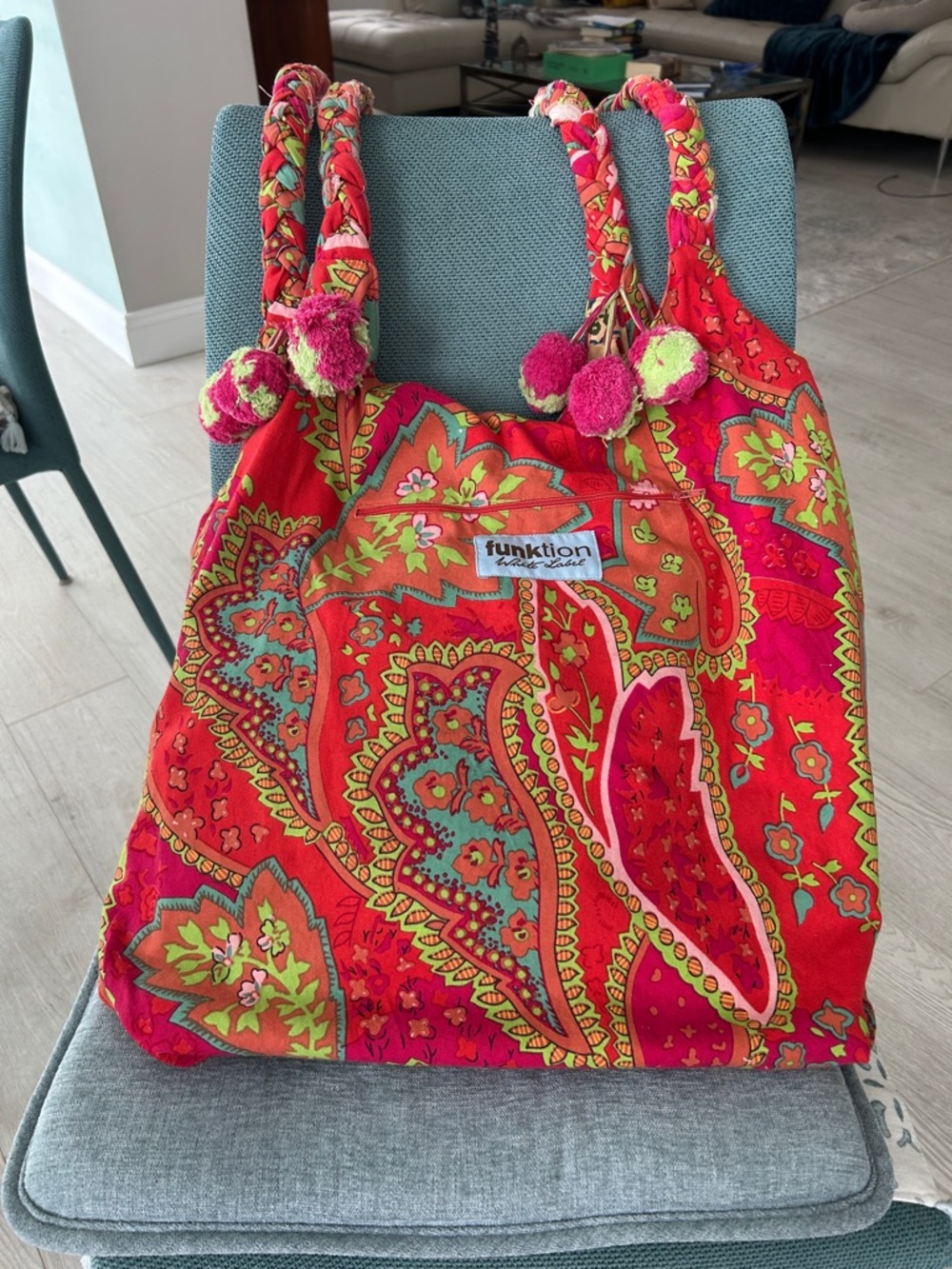 NWOT boho paisley Pom-pom bag